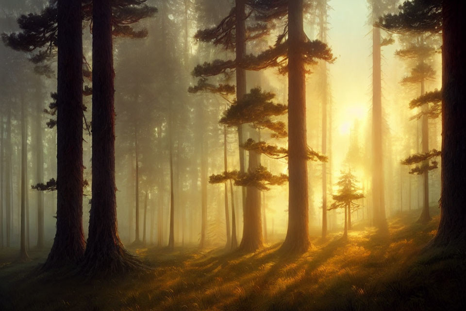 Sunbeams through tall pine trees in misty forest at sunrise