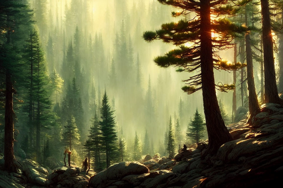 Tranquil Forest Scene with Sunlight Filtering Through Pine Trees