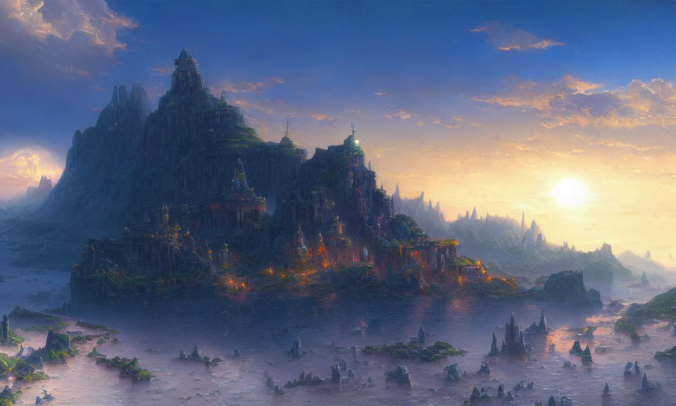 Majestic mountains, glowing castle, and serene lake at sunset