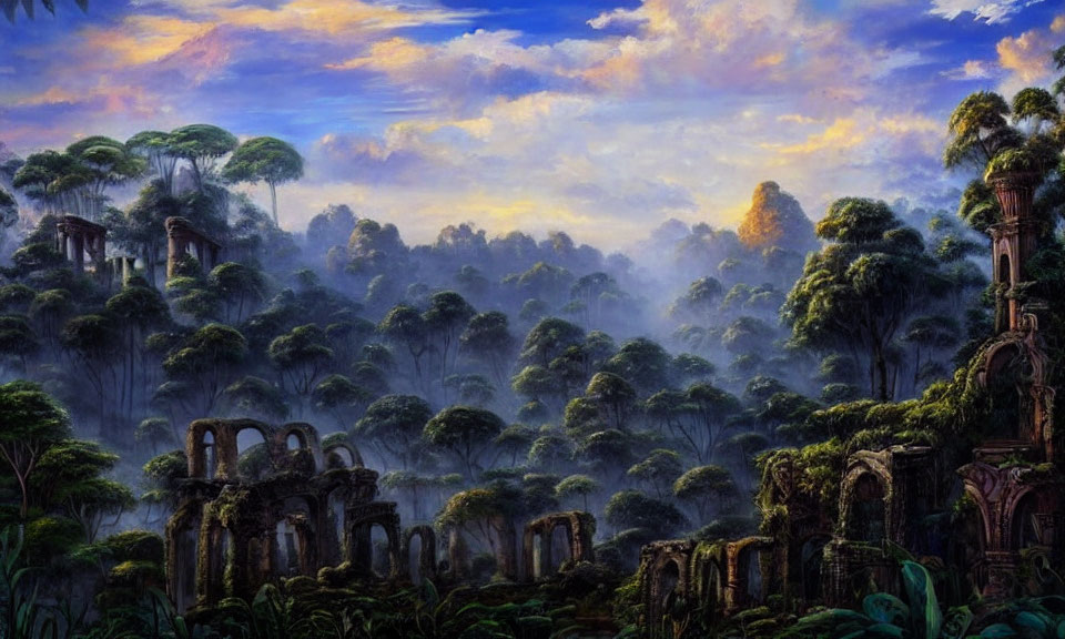 Mystical forest with ancient ruins and colorful twilight sky