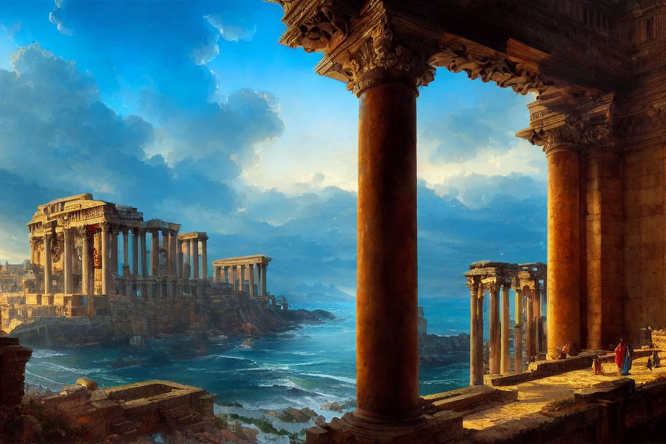 Ancient Roman ruins under golden sunlight by turbulent sea