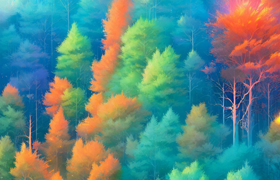 Colorful Forest Scene with Vibrant Trees in Green, Blue, Orange, and Yellow