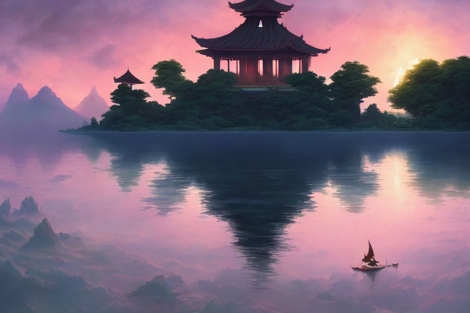 Traditional pagoda overlooking calm lake at sunset