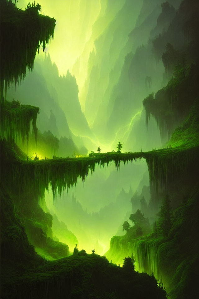 Mystical green landscape with towering cliffs and calm river