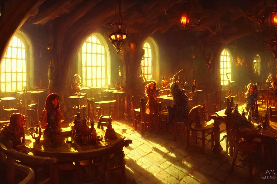 Medieval tavern scene with warm lighting and patrons