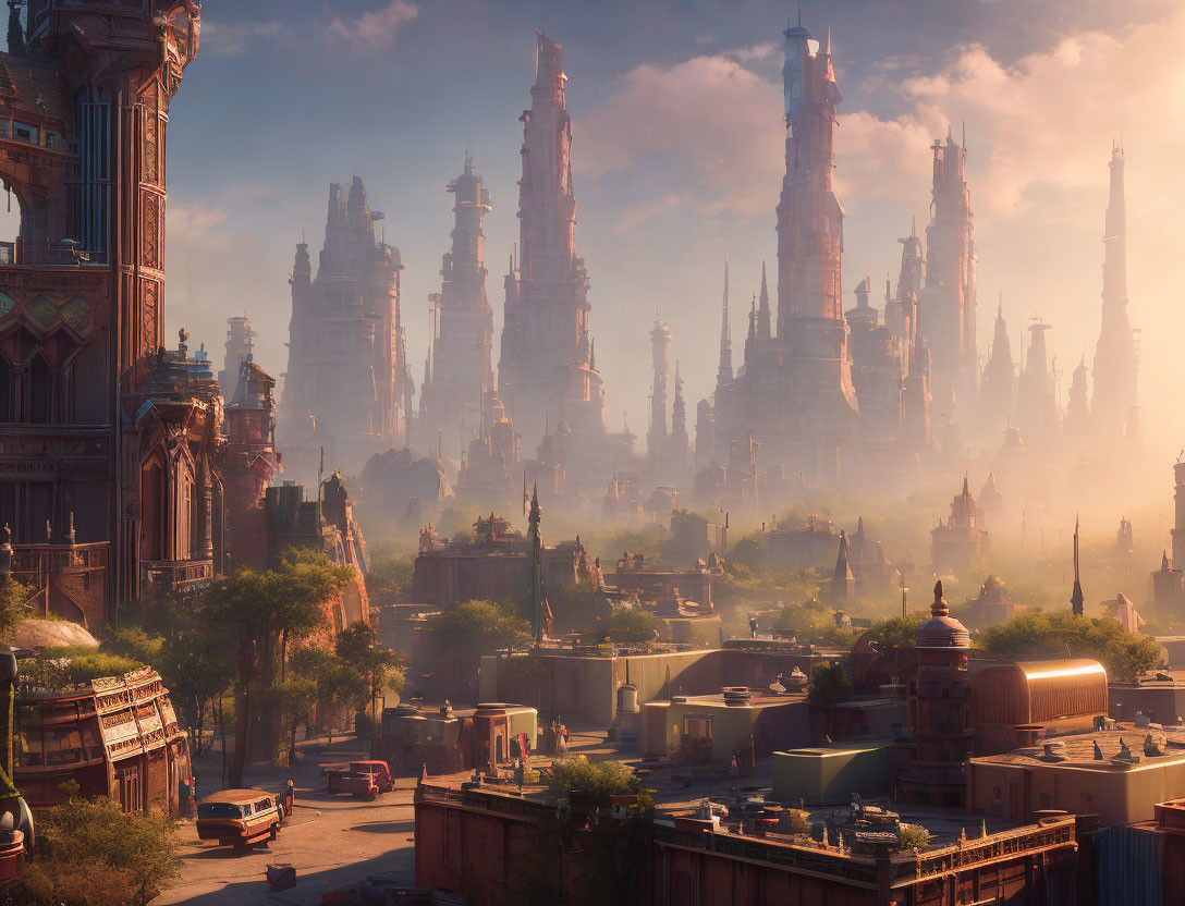 Majestic fantasy city with towering spires and advanced architecture