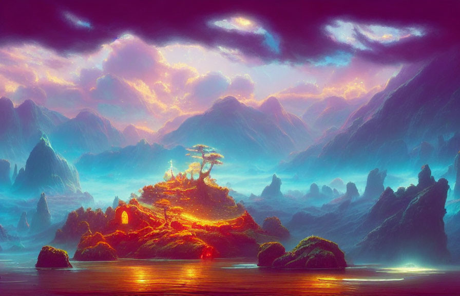 Fantastical landscape with luminous sunset skies, misty mountains, glowing island, and serene water