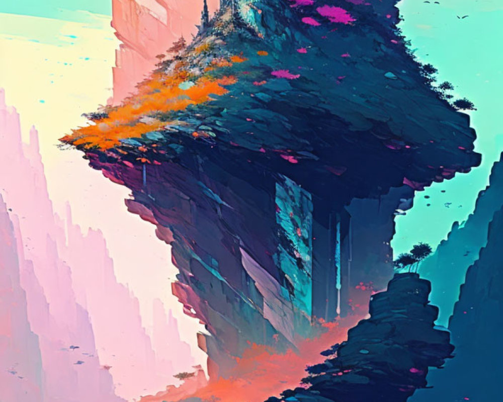 Vibrant fantasy landscape with floating rock island and castle under pastel sky