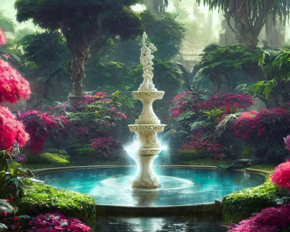 Classic Fountain Surrounded by Pink Blossoms in Enchanting Garden