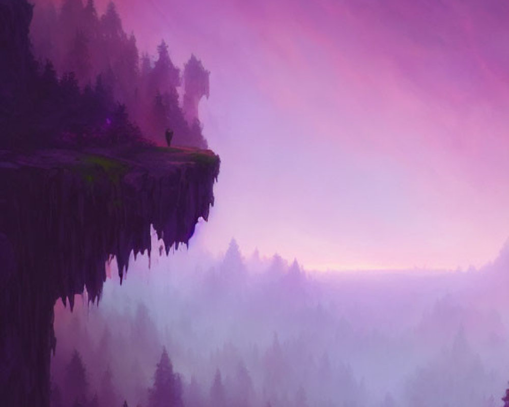 Mystical Purple Landscape with Cliff and Forest in Mist