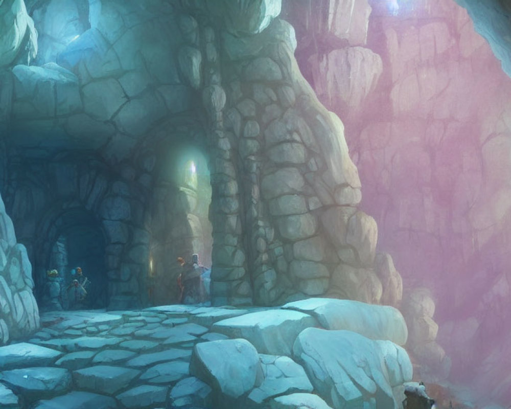 Ethereal underground cavern with adventurers and glowing crystals.