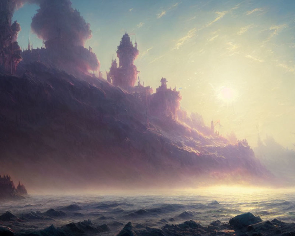 Misty oceanic sunrise with rocky cliffs and castle-like structures