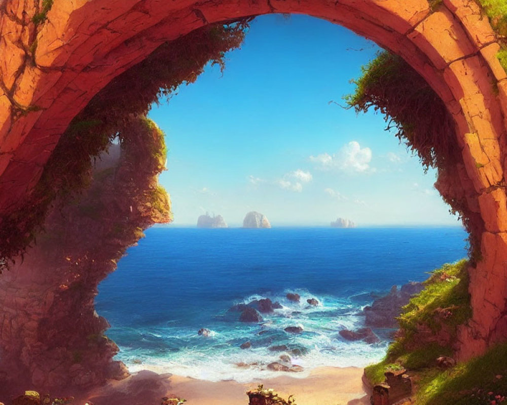 Scenic sea view through stone archway with greenery under blue sky