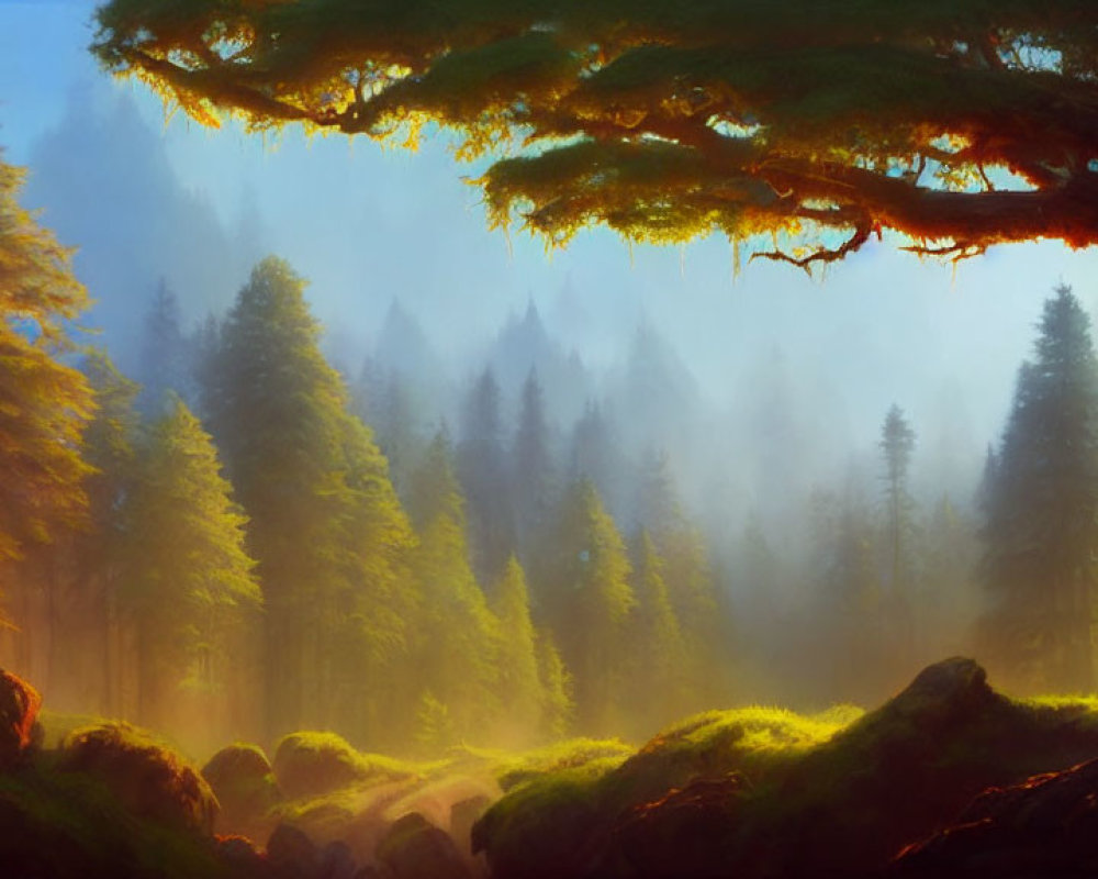 Tranquil Forest Scene with Sunbeams and Mossy Tree Branch