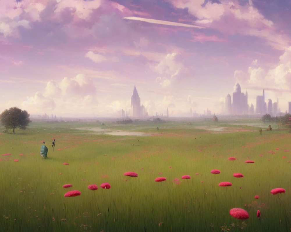 Expansive meadow with pink flowers and distant futuristic cityscapes