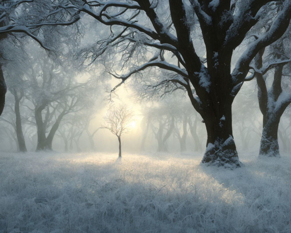 Snow-covered trees in misty winter forest with soft sunlight.