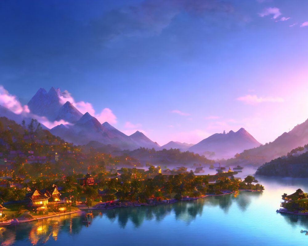 Serene lakeside village digital artwork at dawn