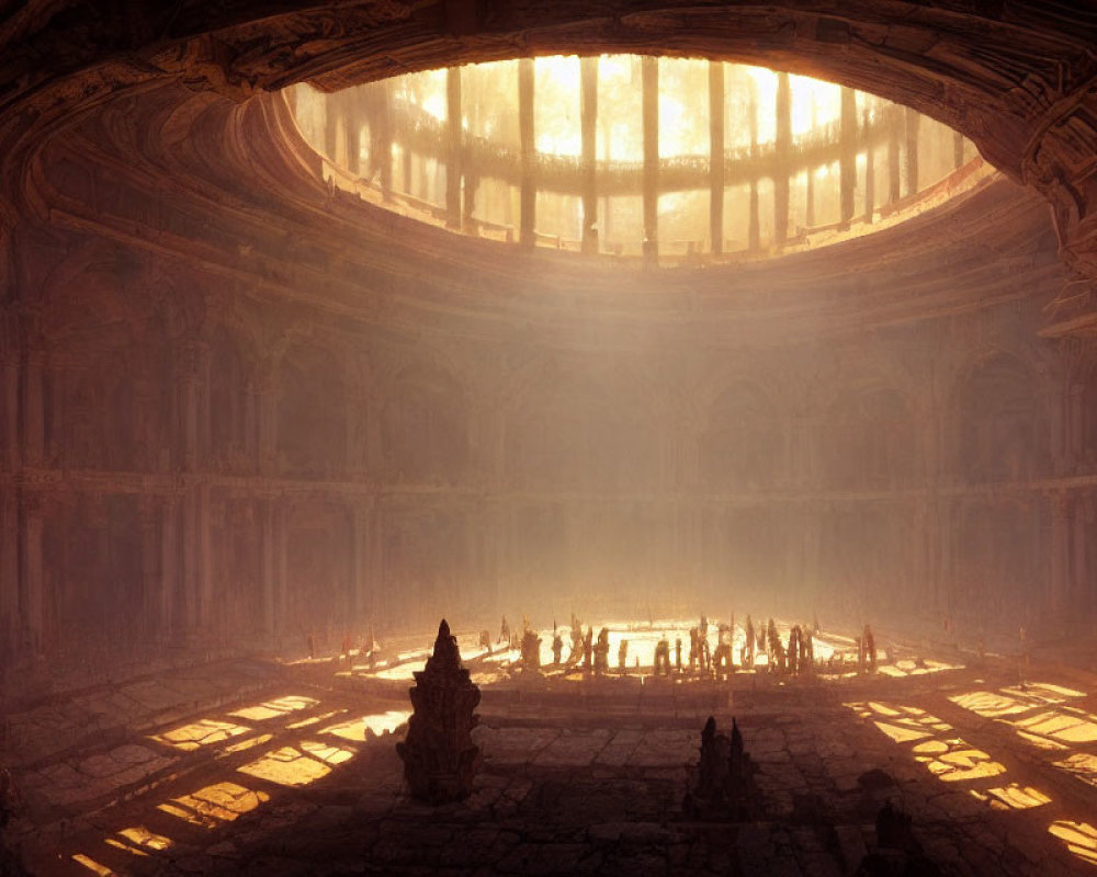 Digitally-rendered ancient circular hall with figures under light rays