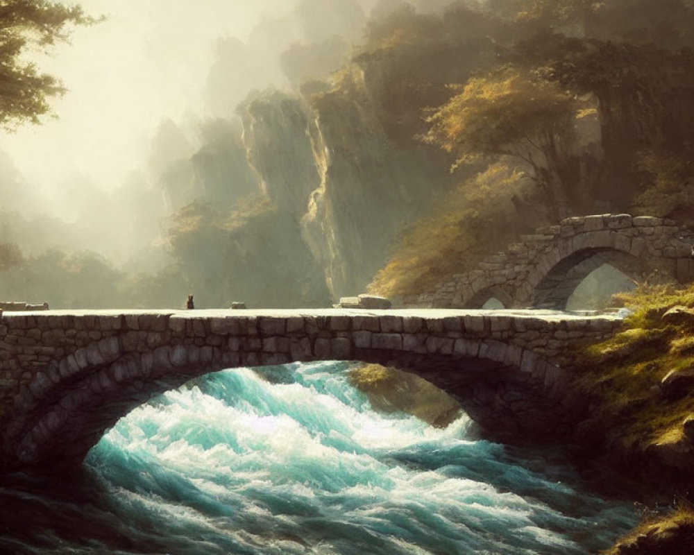 Stone bridge over foamy river, cliffs, and figure in misty landscape