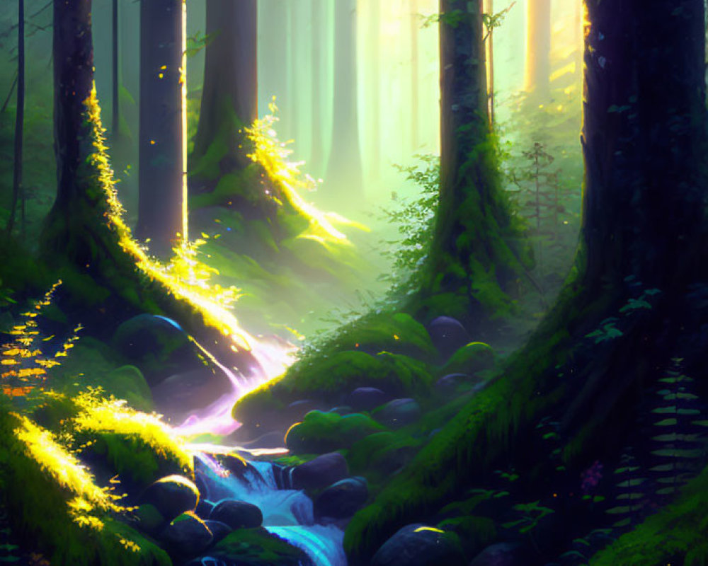 Tranquil forest scene with sunlight, mossy rocks, and waterfall