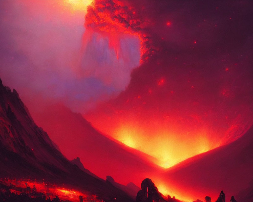 Vivid volcanic landscape with red sky, lava flows, and ash clouds