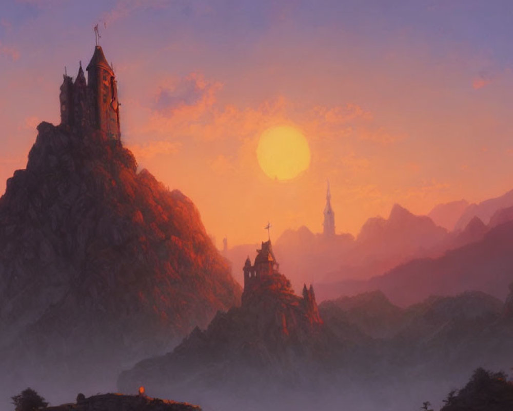 Fantasy sunset landscape with castle on mountain and rugged hills