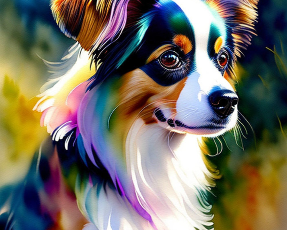 Colorful digital artwork of expressive dog with multicolored coat against soft natural backdrop