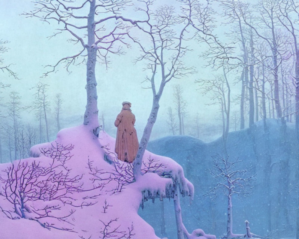 Solitary figure in orange cloak on snowy cliff with bare trees