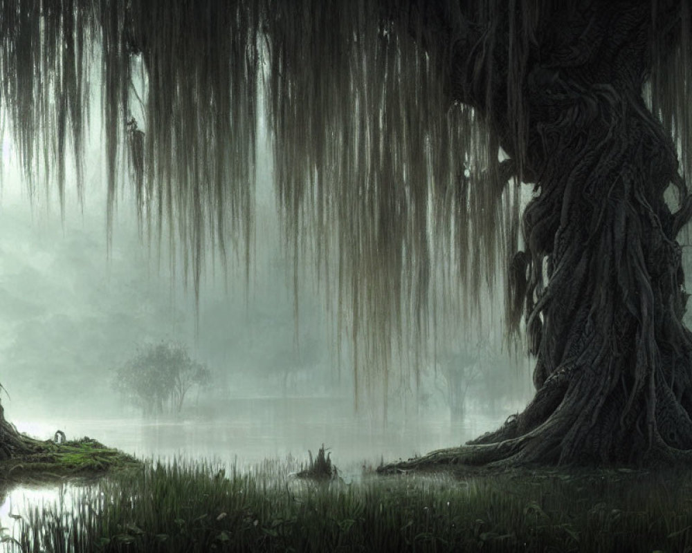 Ethereal swamp scene with twisted tree, hanging moss, misty backdrop, and small figure