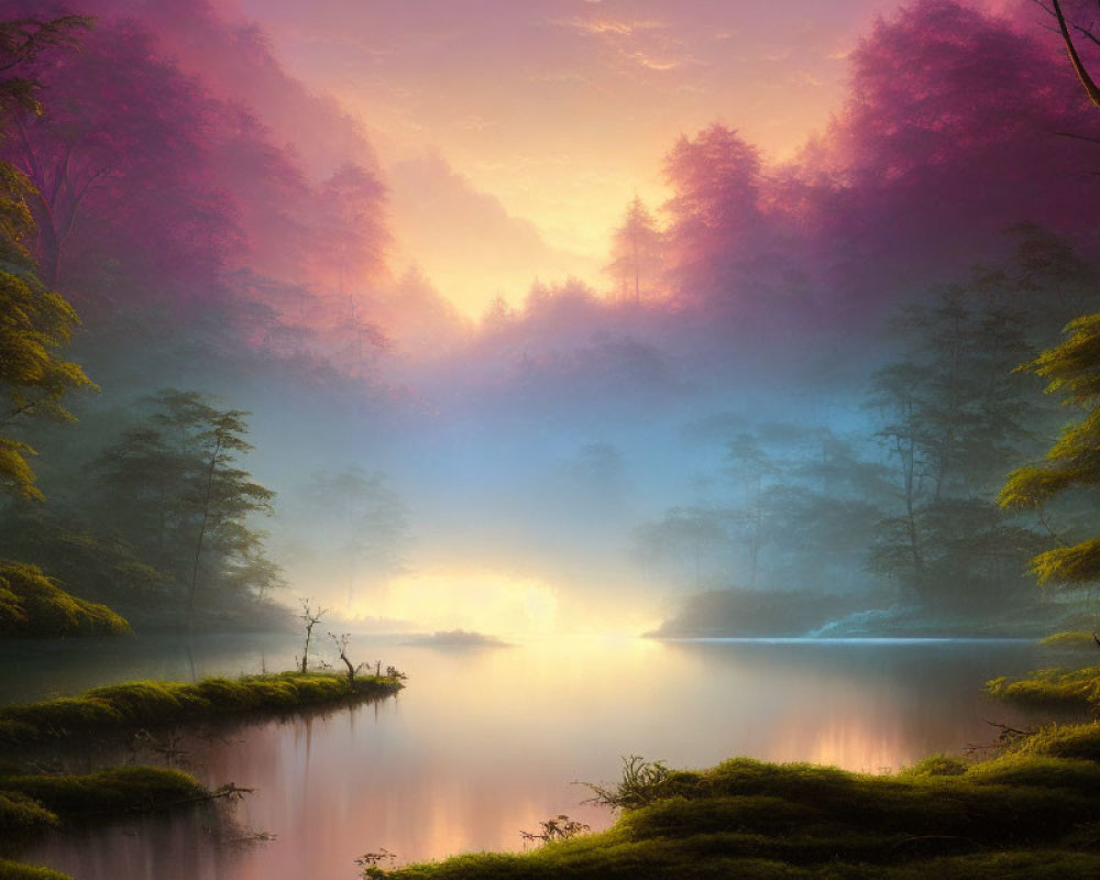 Misty sunrise over serene lake and forest trees