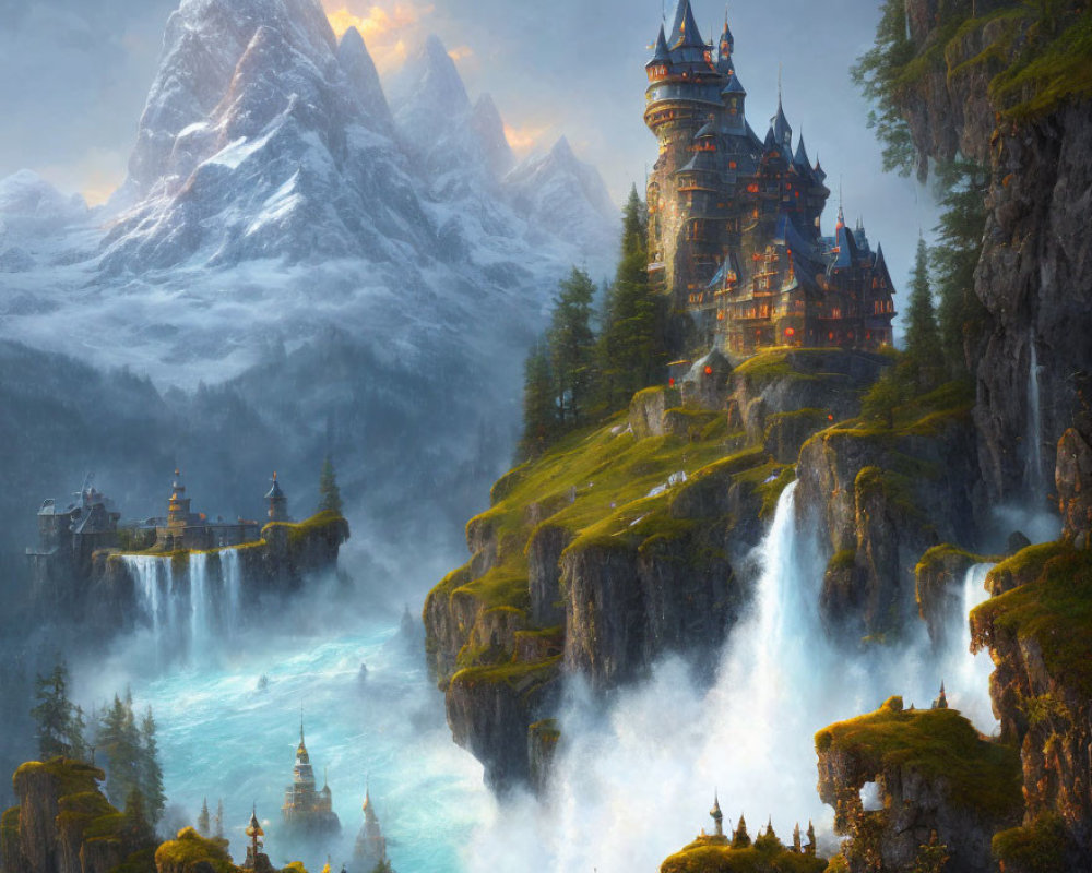 Elaborate castle on cliff surrounded by waterfalls & mountains