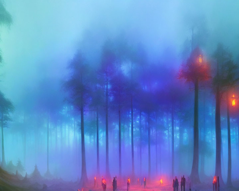 Mystical forest scene with tall trees in fog and ethereal lights