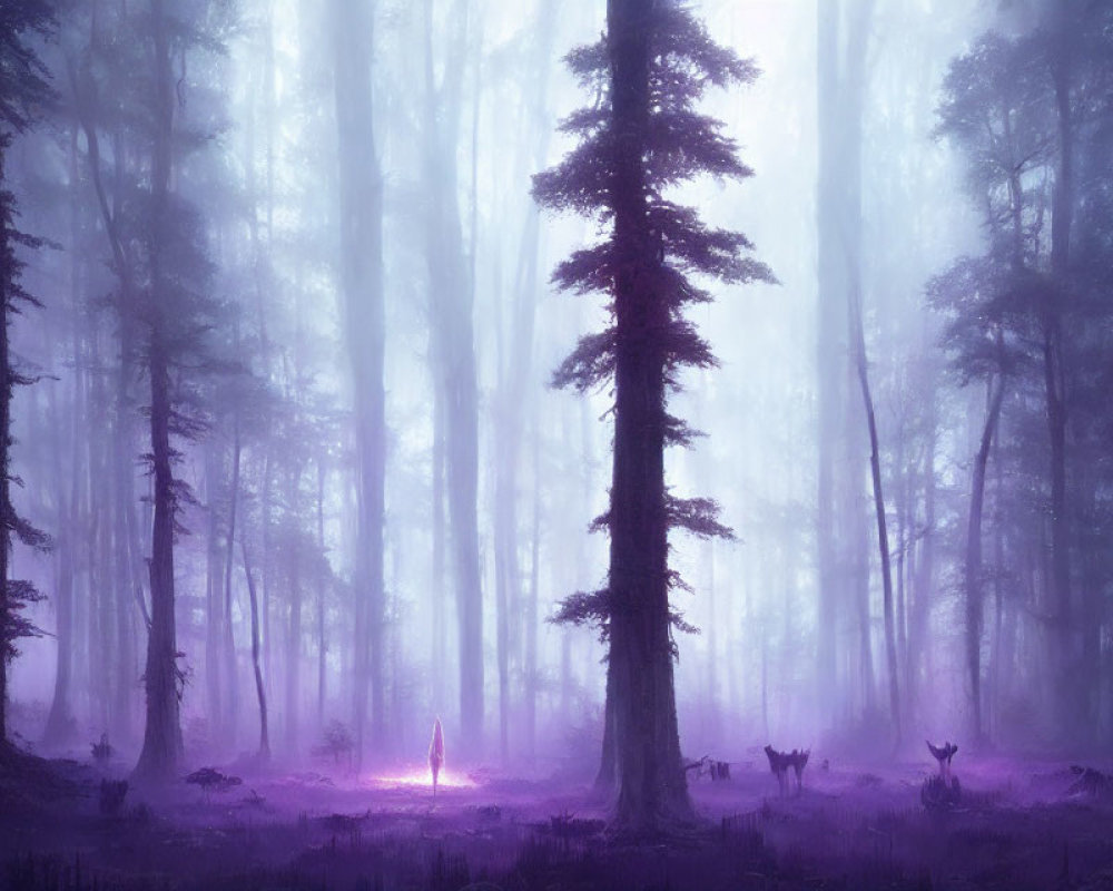 Enchanting forest scene with tall trees, purple mist, and distant figure.