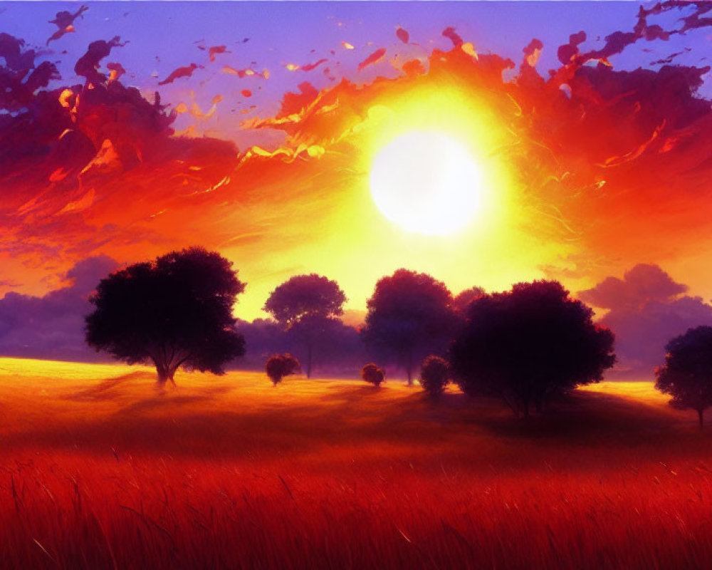 Scenic sunset with golden hues over red grass field and silhouetted trees.