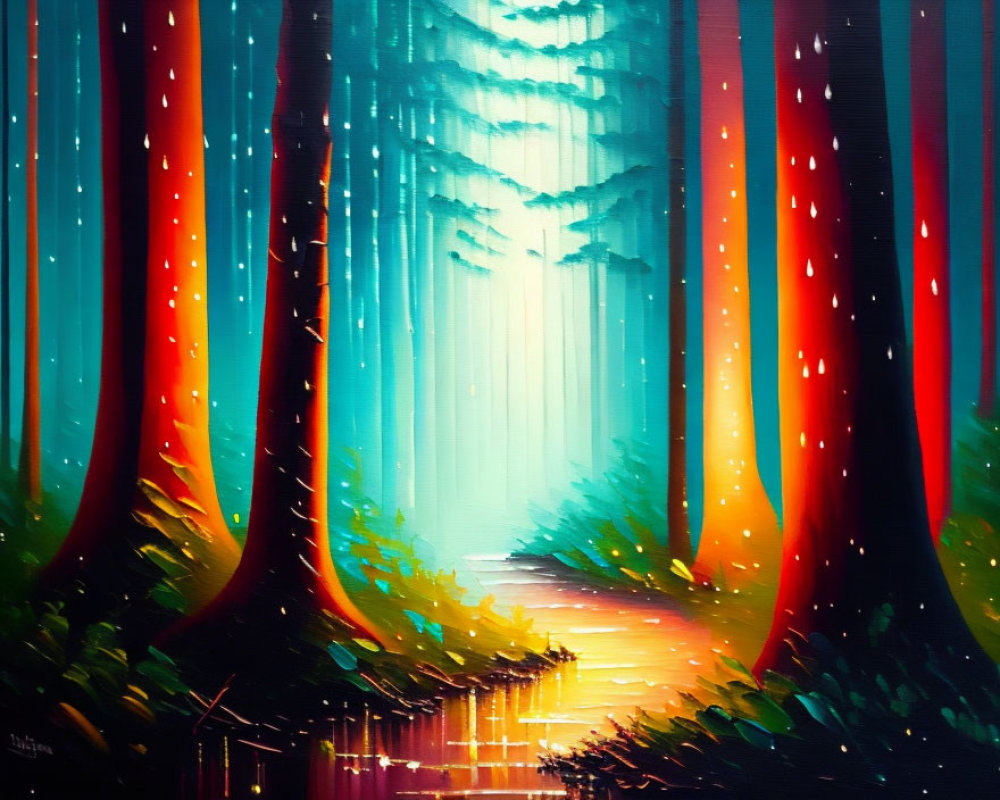 Vibrant painting of mystical forest with glowing red trees and luminous pathway