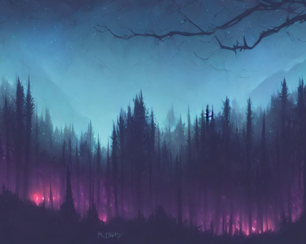 Twilight forest scene with silhouetted trees and bat in purple and blue hues