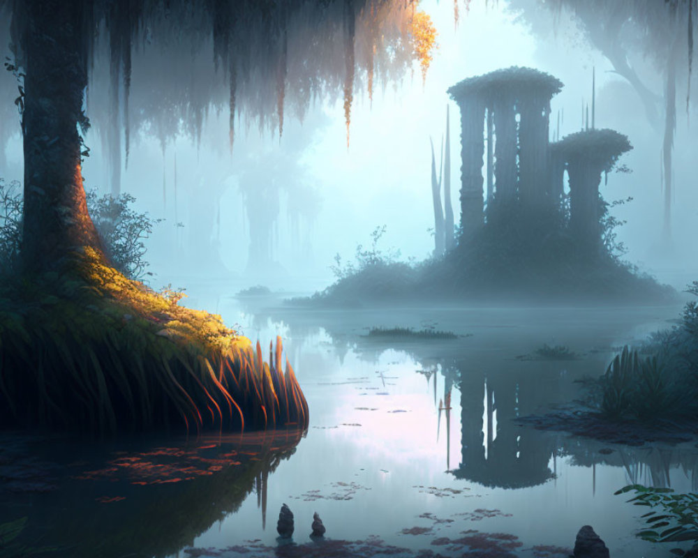 Tranquil swamp scene with moss-covered trees and ancient ruins