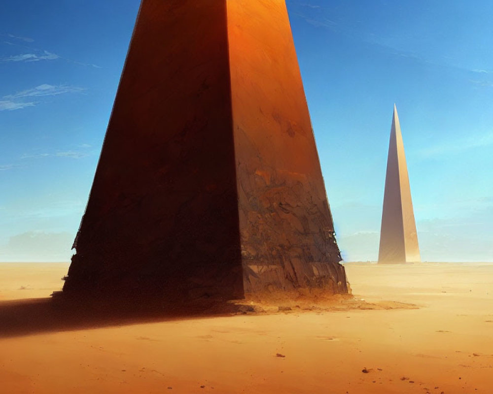 Colossal monoliths in vast desert under clear sky