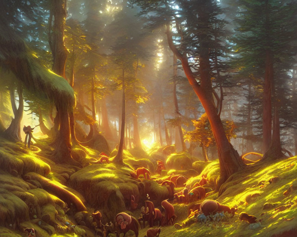 Sunlit forest with lush greenery and lone figure in ethereal light