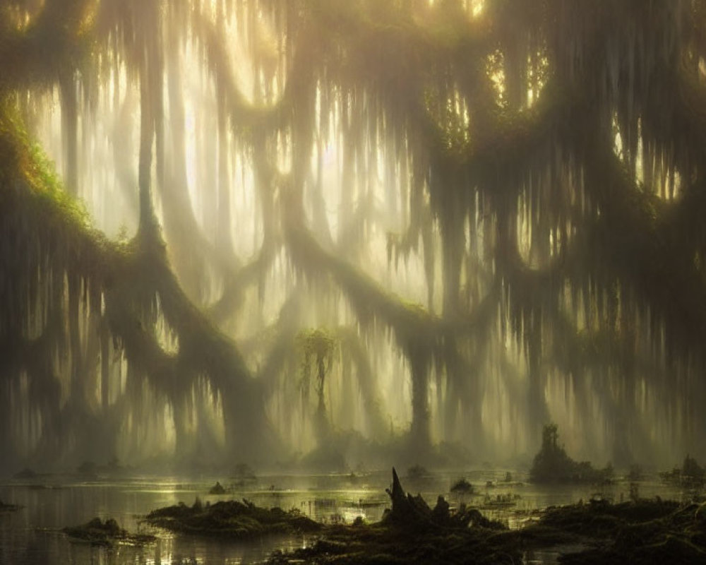 Moss-covered trees in mystical swamp with sunbeams