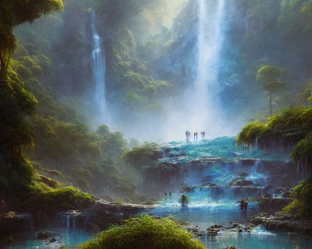 Group of people at misty waterfall in lush greenery