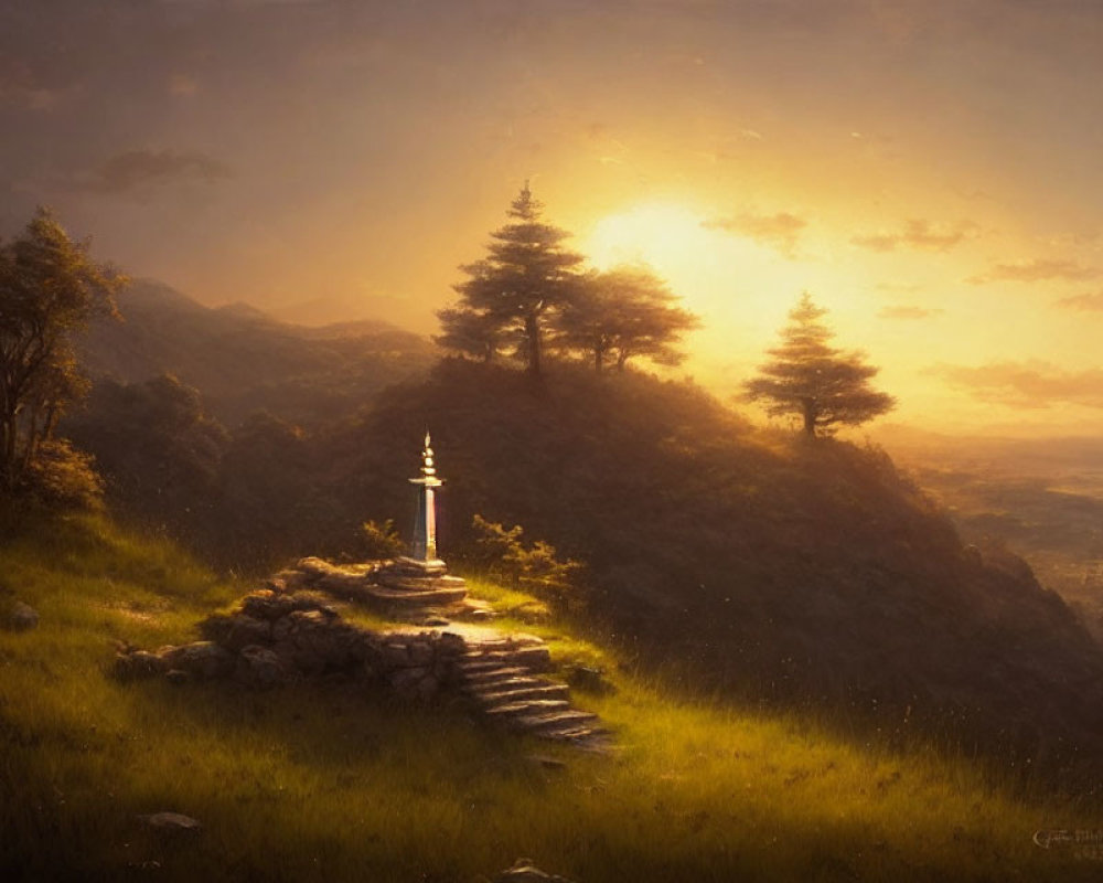 Tranquil sunset landscape with ancient sword in stone, stone steps, hills, and trees