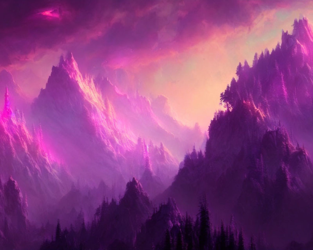 Purple Mountains Silhouetted by Cloud-Streaked Sky