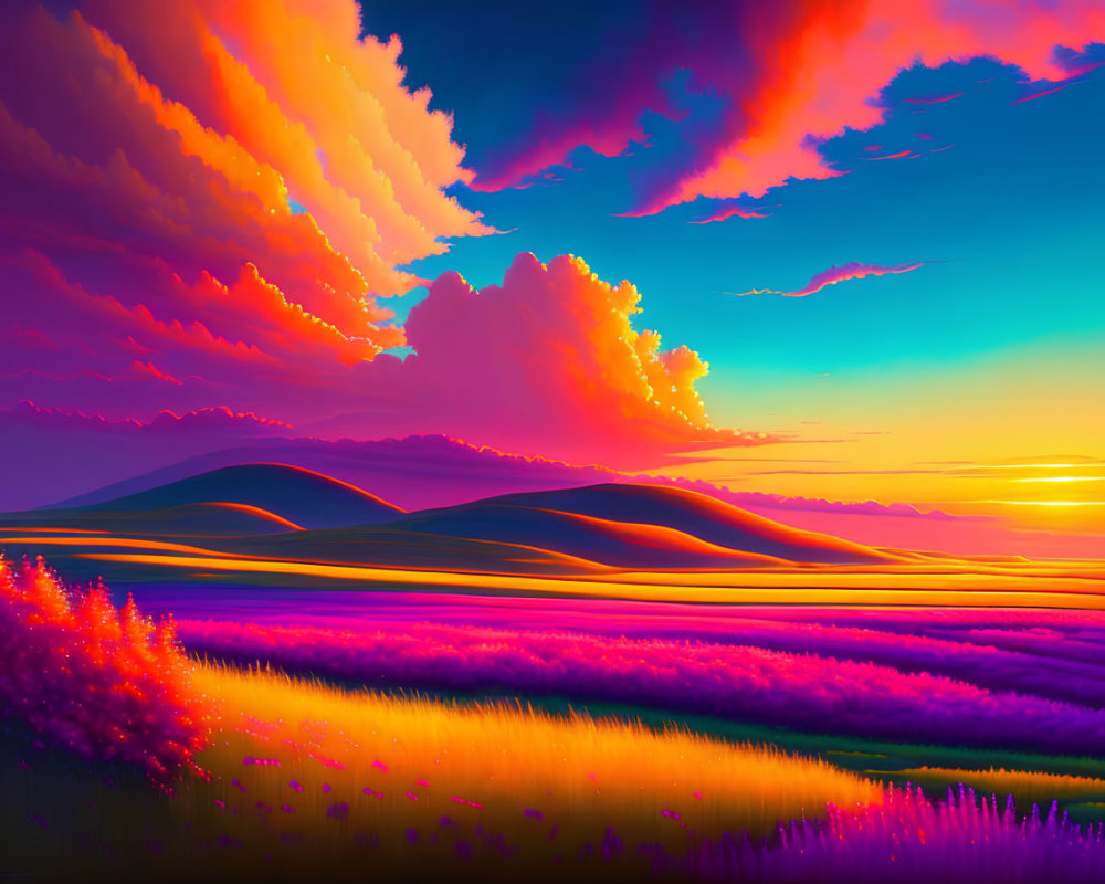 Colorful surreal landscape with rolling hills and radiant sunset sky.