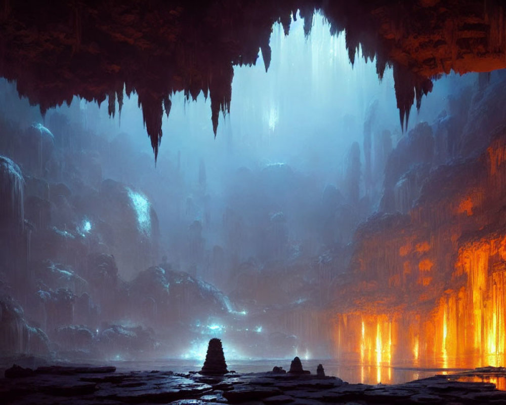 Subterranean cavern with glowing orange formations and waterfalls