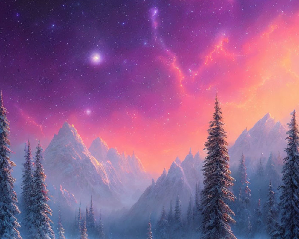 Snow-covered trees and mountains in serene winter landscape at dusk