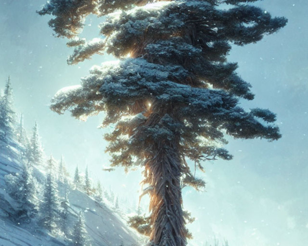 Snow-covered pine tree in wintery landscape with gentle snowfall