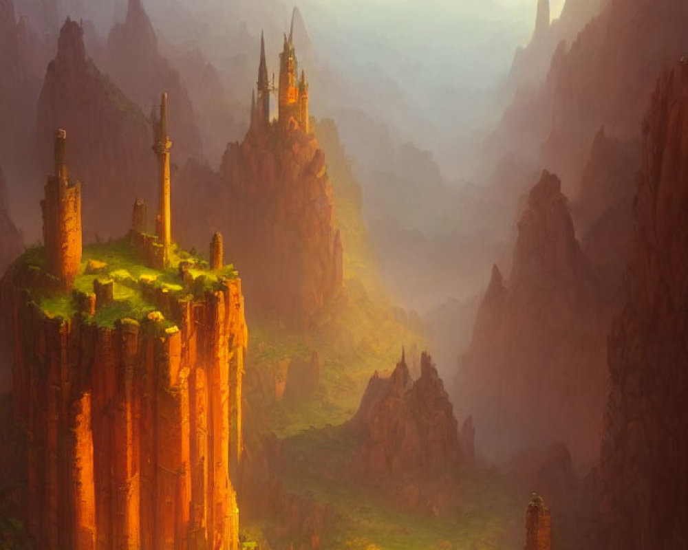 Mystical landscape with rocky pillars, ancient ruins, and golden castle in warm haze