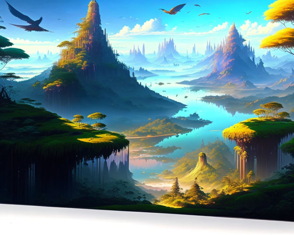 Fantastical landscape with lush greenery, towering peaks, reflective waters, and flying creatures