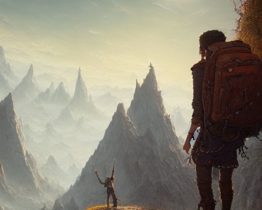 Adventurer with backpack on cliff edge gazes at figure with sword on floating islands.